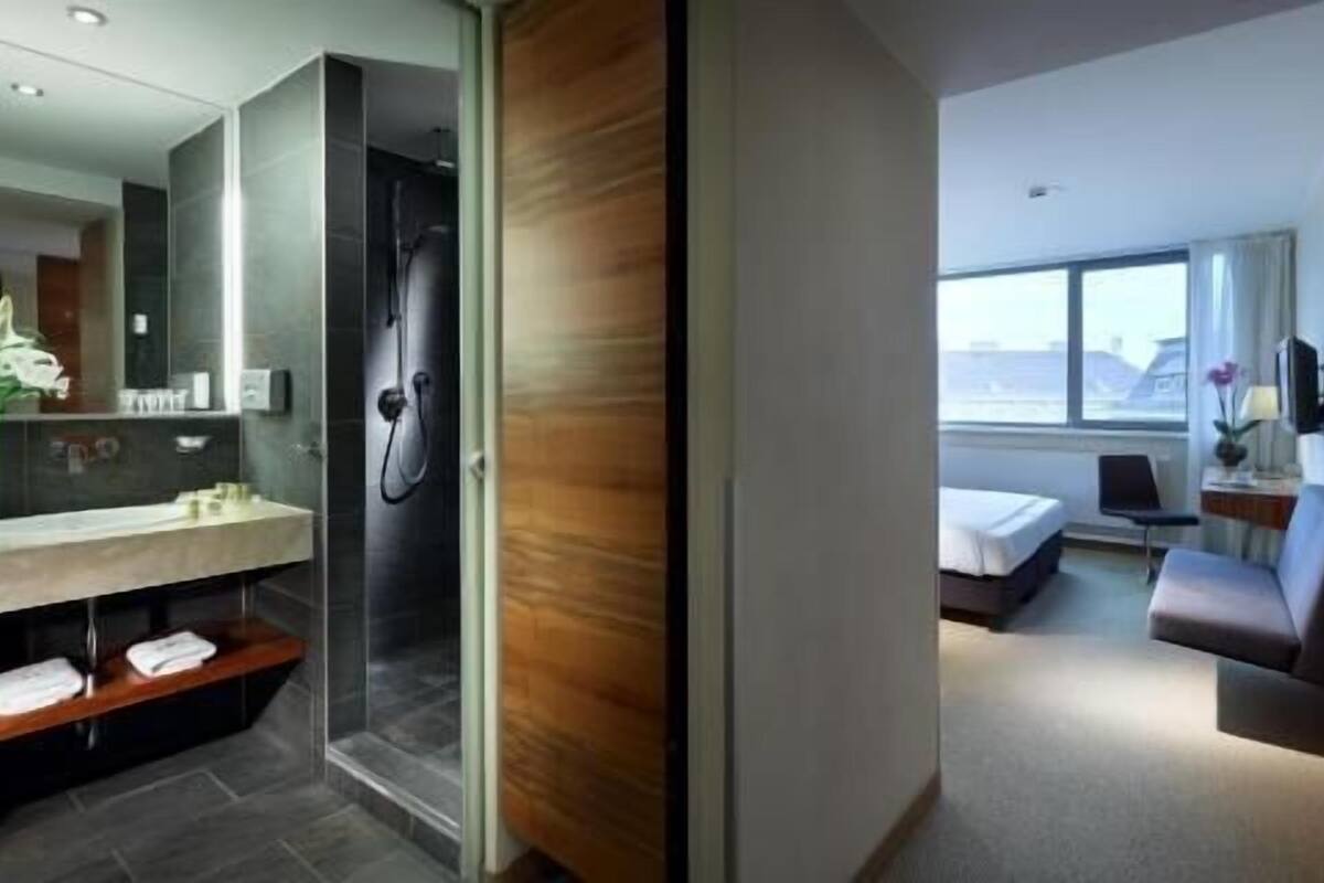 Una habitación de hotel moderna con ducha, cama, zona de estar y un ventanal grande.