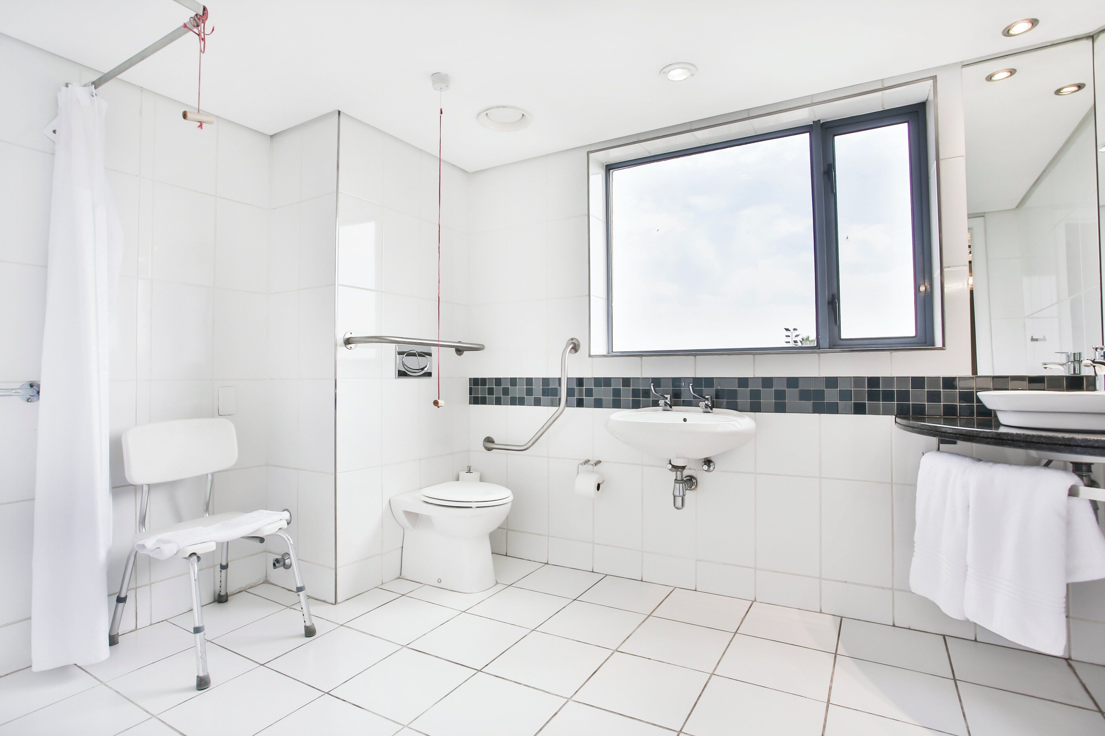 Un baño moderno con ducha, inodoro y lavamanos.