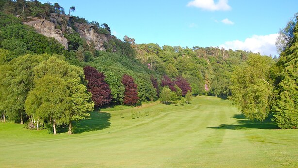 Un parcours de golf avec des allées bien définies, entouré d’une forêt dense et bordé d’une falaise rocheuse.