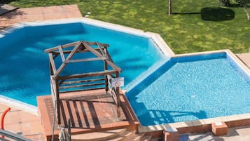 Seasonal outdoor pool, open 10 AM to 7:00 PM, pool loungers