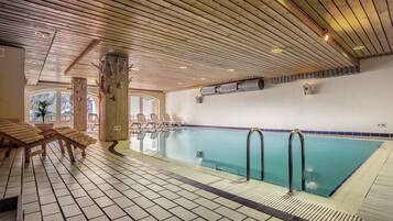 Indoor pool, open 10:00 AM to 9:00 PM, sun loungers