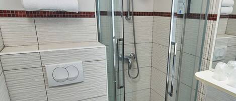 A modern bathroom with a glass-enclosed shower, a toilet, and a sink.