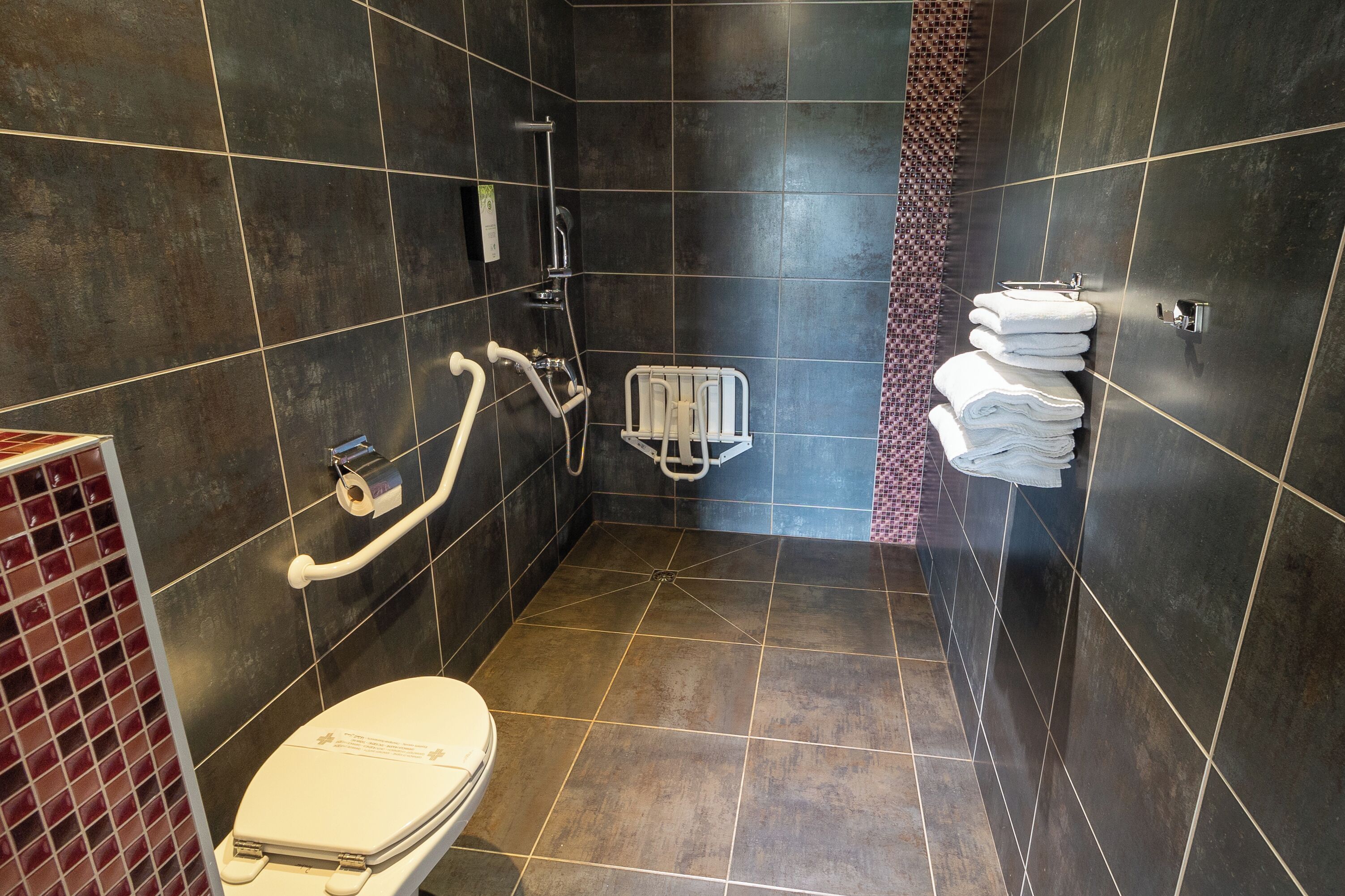 Un baño moderno con azulejos oscuros, un inodoro blanco, ducha con cabezal de ducha de mano y un perchero con toallas dobladas con esmero.