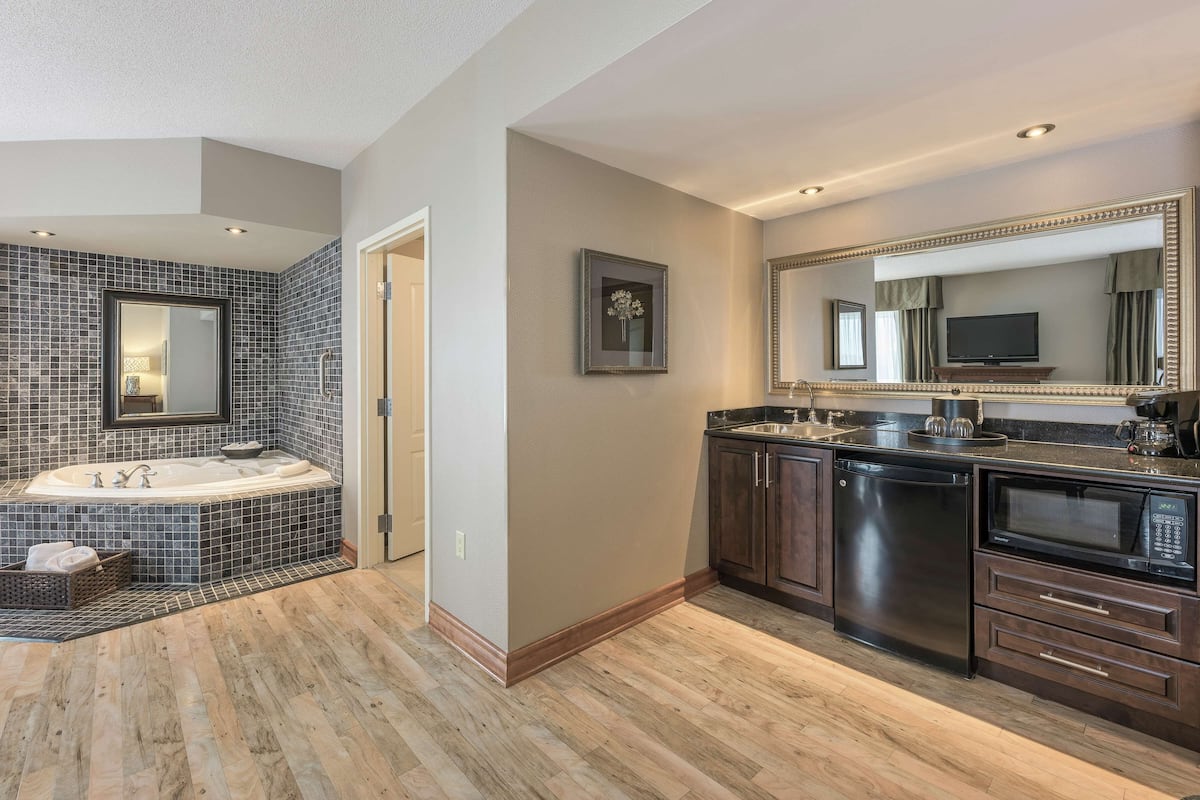 suite, 1 king bed, non smoking | bathroom | combined shower/bathtub, hydromassage showerhead, free toiletries