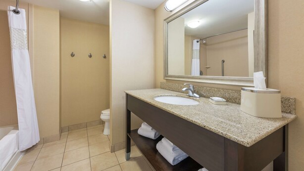 A bathroom with a sink, mirror, towel rack, and shower area. - Hampton Inn & Suites by Hilton Moncton (Moncton)