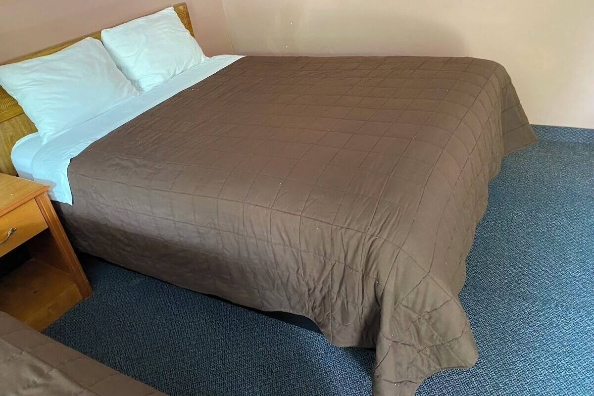 A single bed with a brown bedspread and white pillows, a wooden nightstand, and a blue carpeted floor.