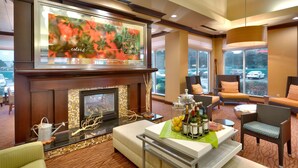 A hotel lobby with a fireplace, comfortable seating, a large TV, and a view of the parking area. - Hilton Garden Inn Clarksville (Clarksville)