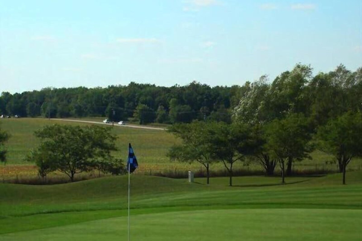 Campo de golf con una bandera, árboles y cielo despejado.