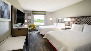 A hotel room with two beds, a desk, a TV, a chair, and a window with a view. - Hampton Inn Elkins (Elkins)