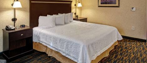 A hotel room with a large bed, two bedside tables with lamps, a nightstand with a phone, and a painting on the wall.