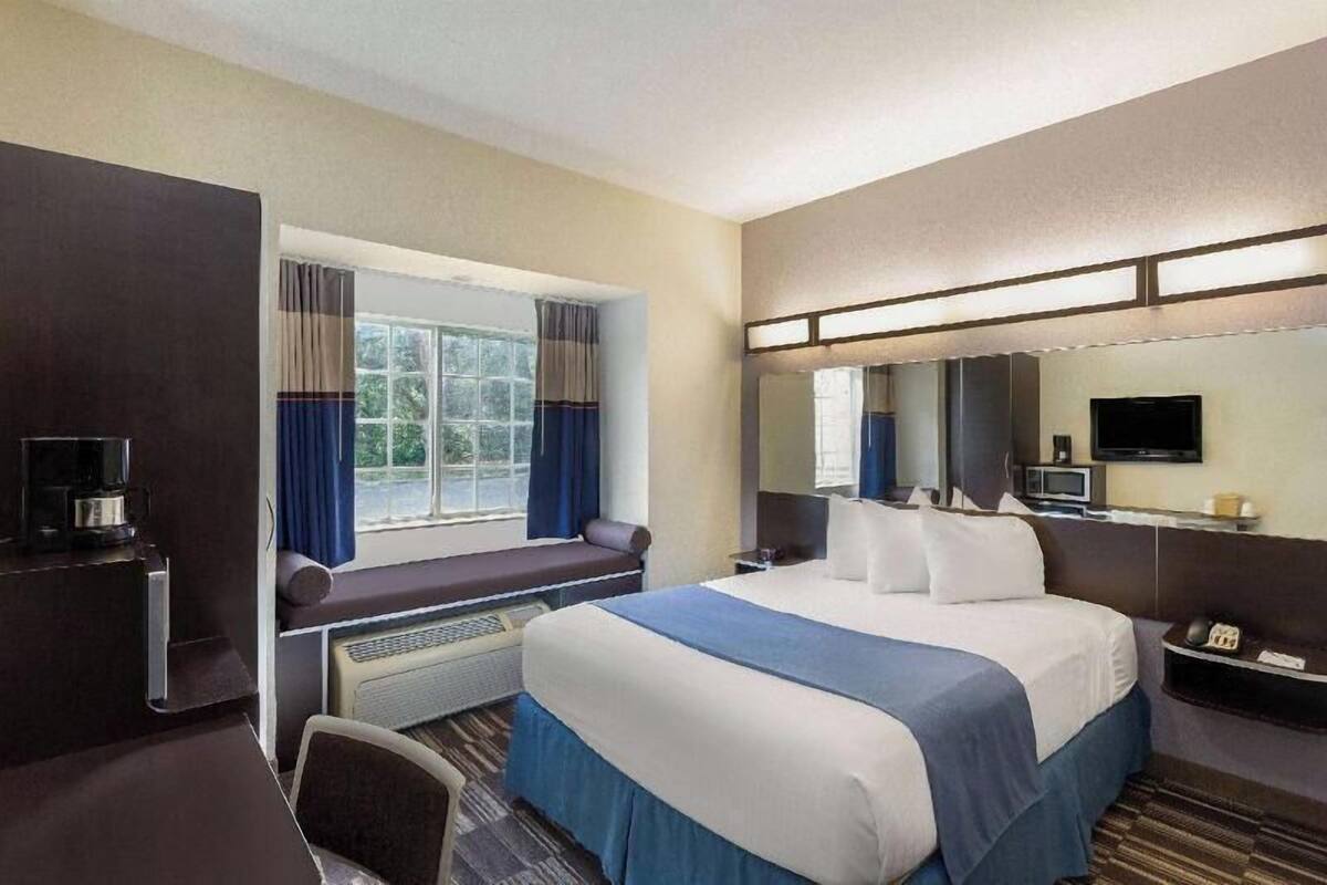 A hotel room with a bed, a desk with a coffee maker, a TV, a window with curtains, and a view of greenery outside.