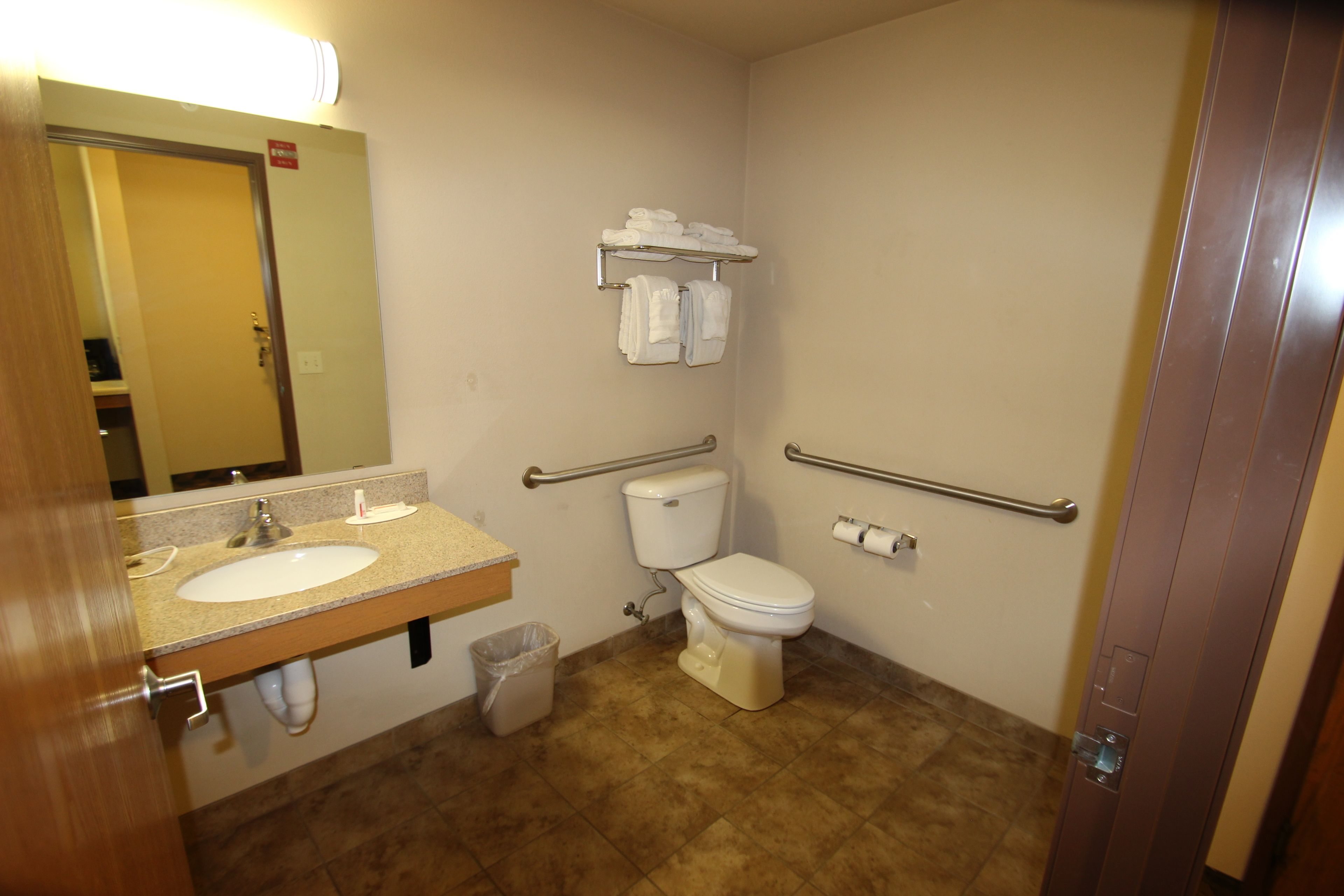A bathroom with a sink, toilet, and handrails.