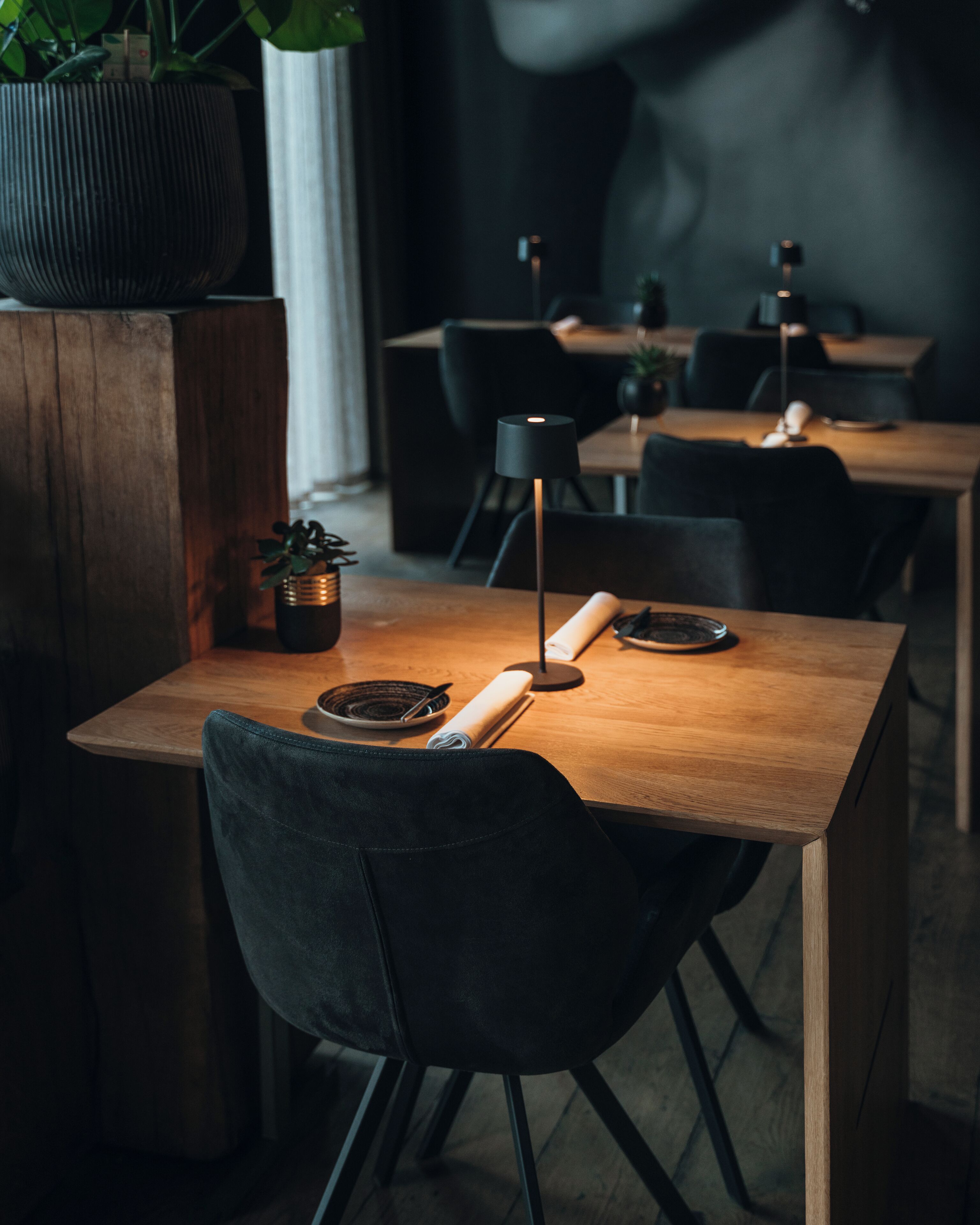 A modern dining area with wooden tables and black chairs, featuring a potted plant and a lamp on one table.
