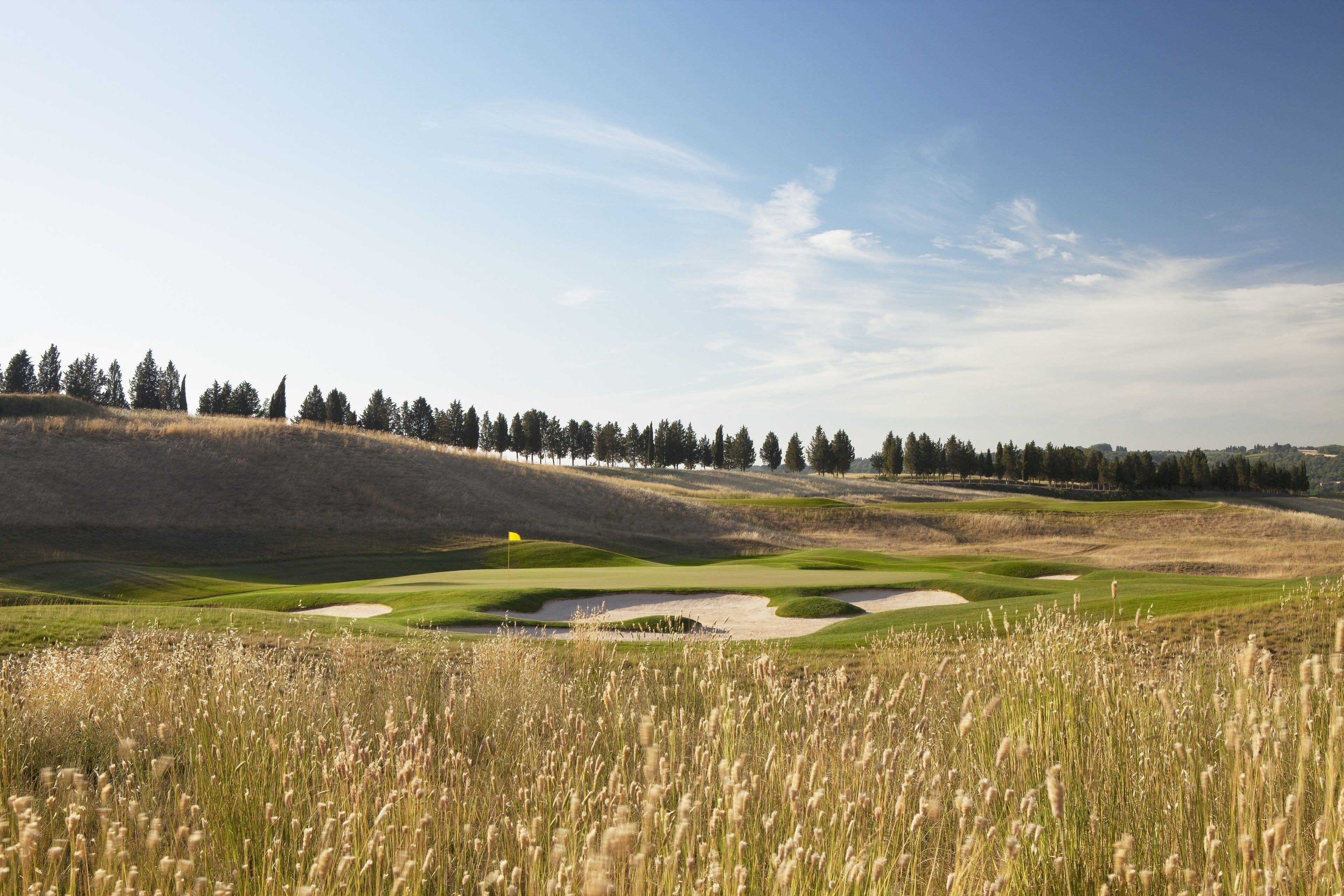 Un campo de golf con búnkeres de arena, una bandera y una fila de árboles al fondo.