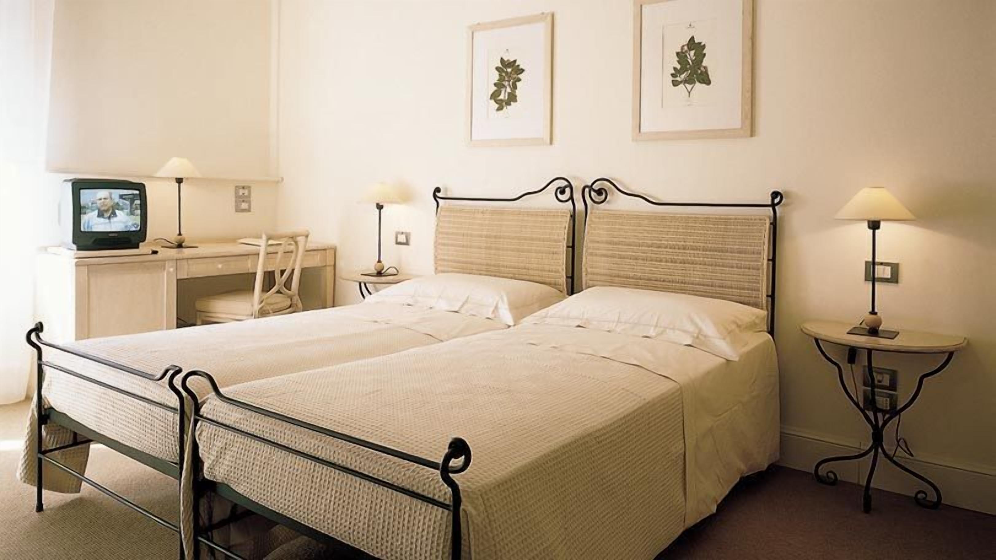 A double bed with a metal frame, two bedside tables with lamps, a desk with a chair, and a television on a stand.