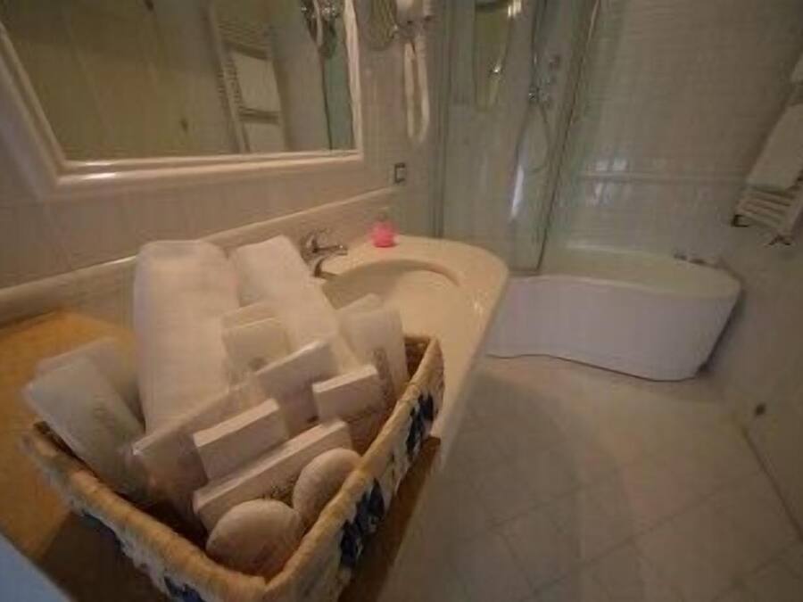 Un baño con inodoro blanco, zona de ducha y lavabo. Hay una cesta con artículos de aseo.