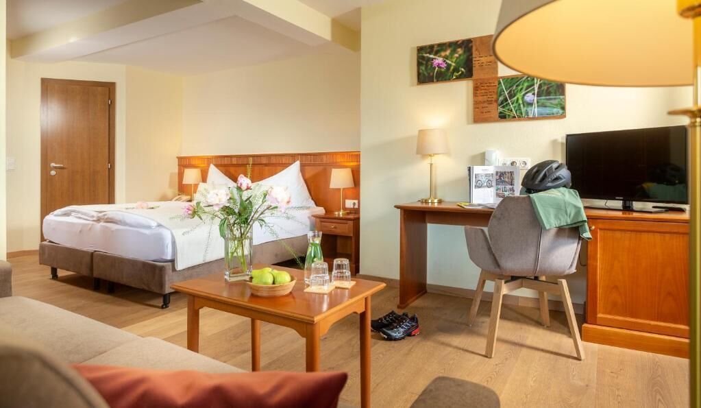 A hotel room with a bed, a desk, a television, a chair, and a table with a vase and fruit.