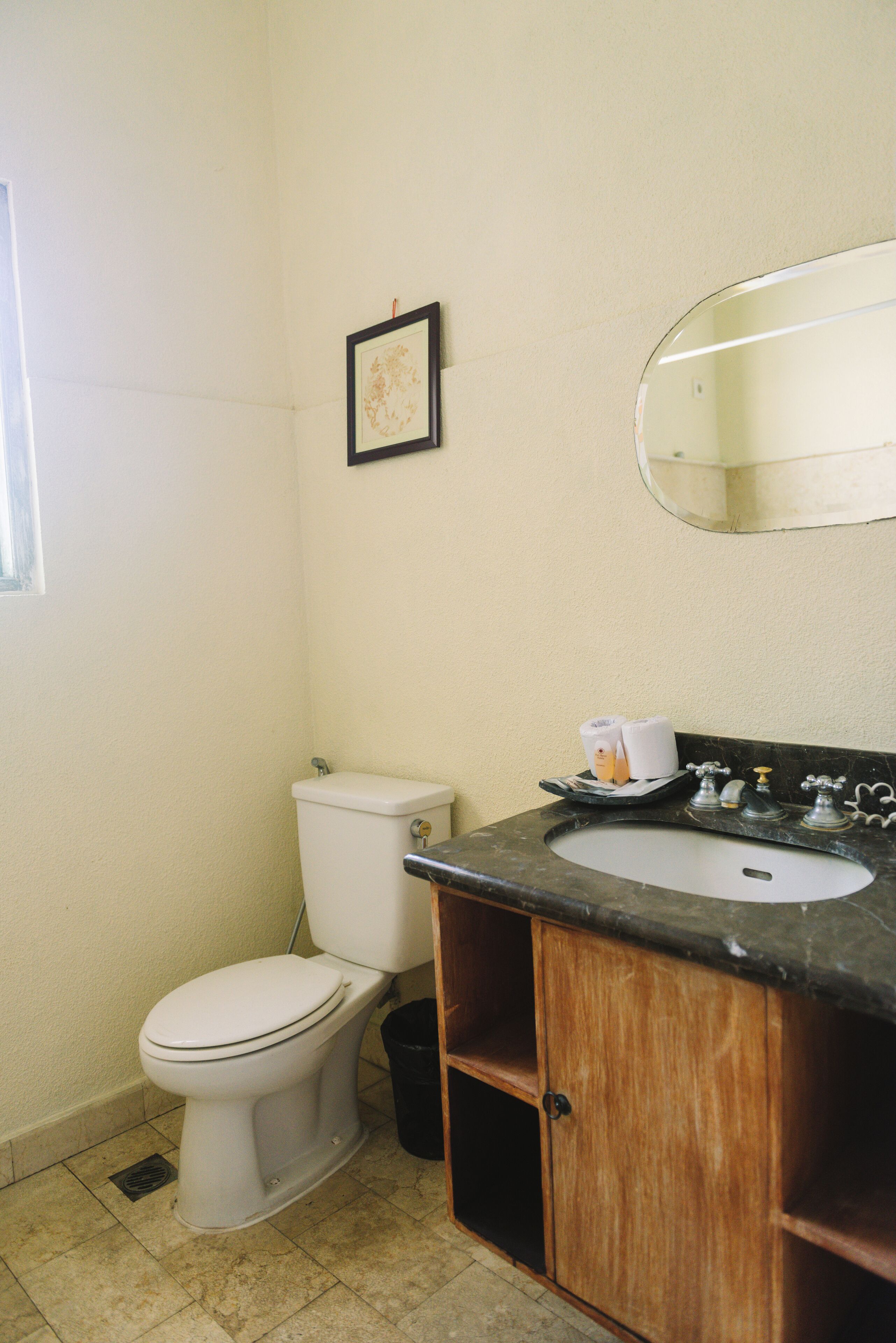 Un baño con inodoro, lavabo y espejo.