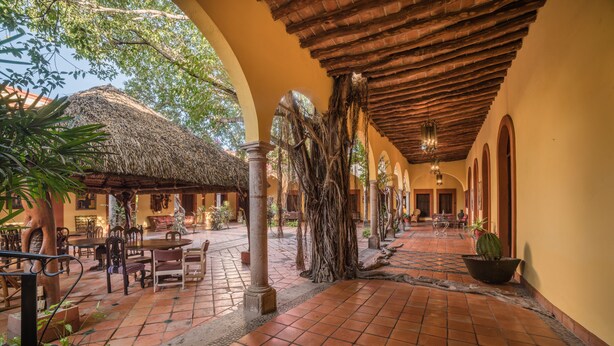 A courtyard with tiled flooring, thatched-roof structures, and potted plants. - Hotel Posada del Hidalgo by Balderrama Hotel Collection (El Fuerte)