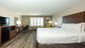 Habitación de hotel con cama, escritorio con televisor, silla y ventana con persianas.