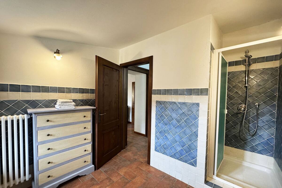 A bathroom with a shower, a radiator, and a wooden cabinet with drawers.