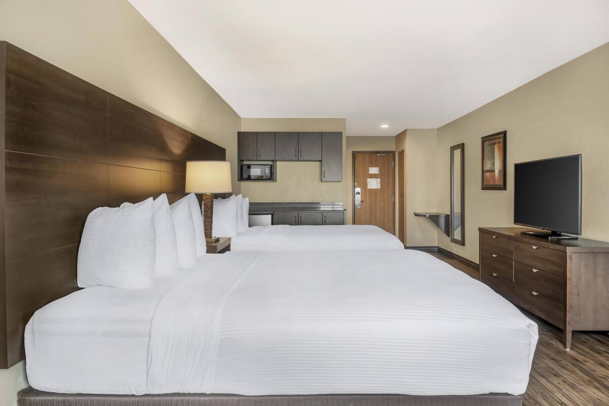 A hotel room with a large bed, a TV, a desk, a lamp, a microwave, and a kitchenette.