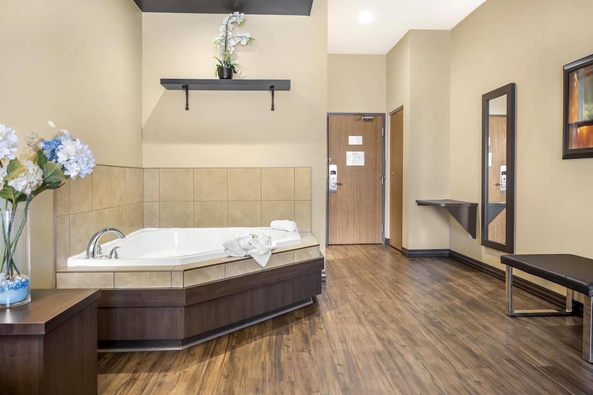 A modern bathroom with a large bathtub, a wooden bench, a mirror, and a potted orchid.
