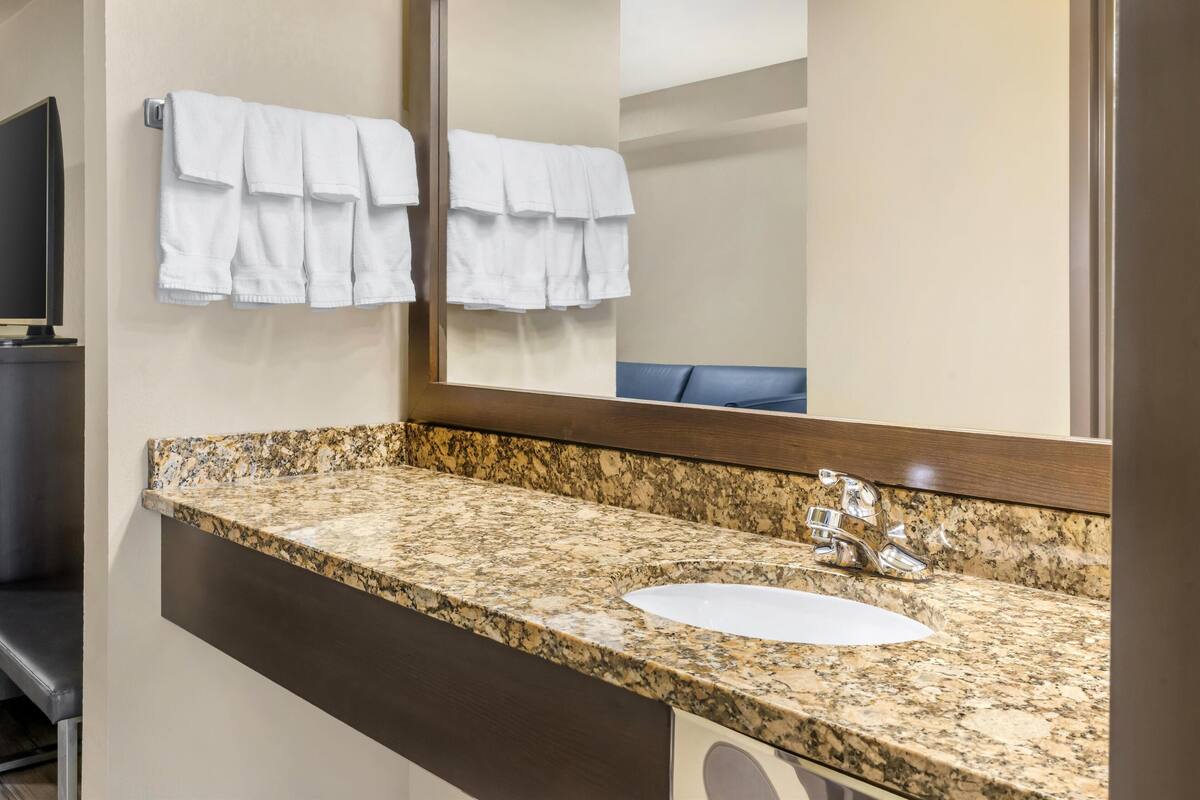 suite, 1 king bed, non smoking (larger room;with sofabed) | bathroom | combined shower/bathtub, free toiletries, hair dryer, towels