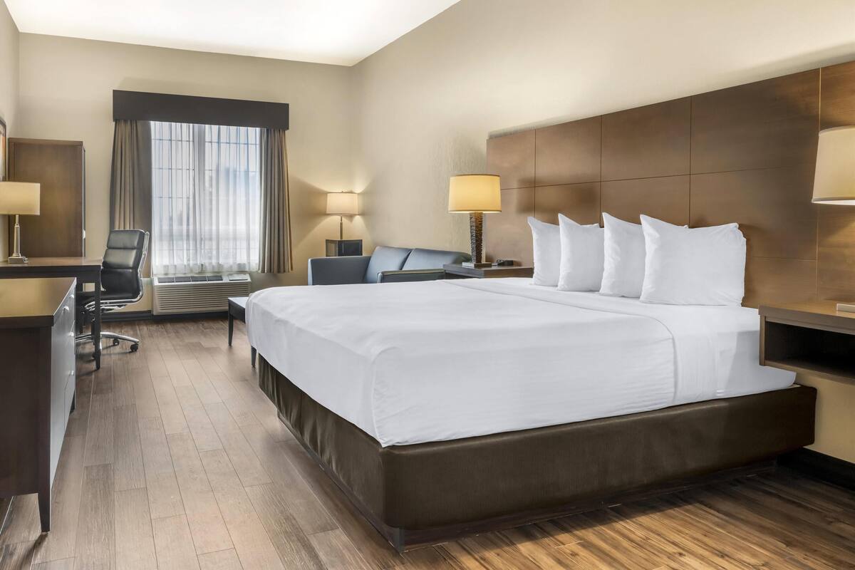 A hotel room with a large bed, a desk, a chair, a TV, and a window with curtains.