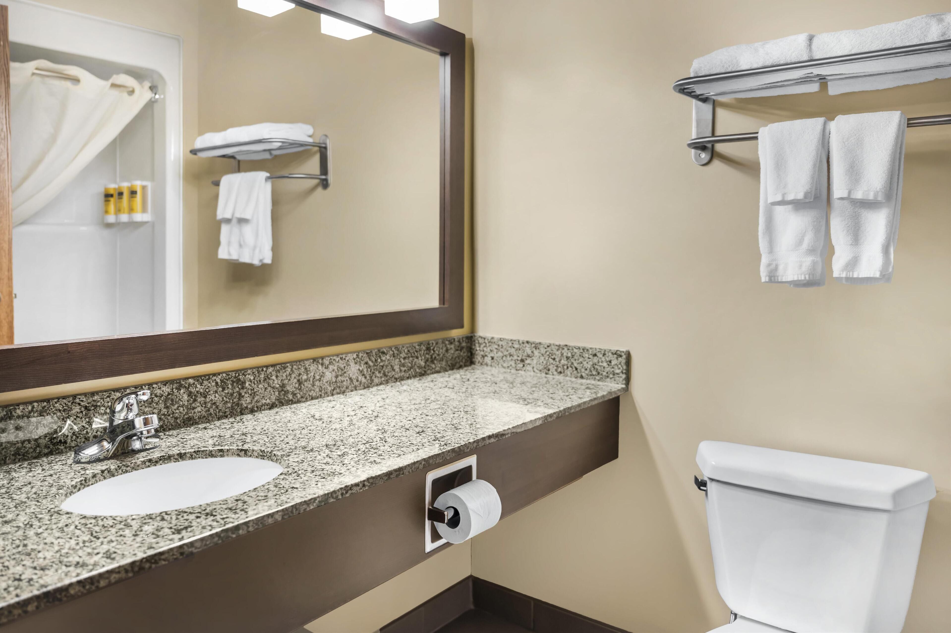 A bathroom with a granite countertop sink, a mirror, a towel rack, and a toilet.