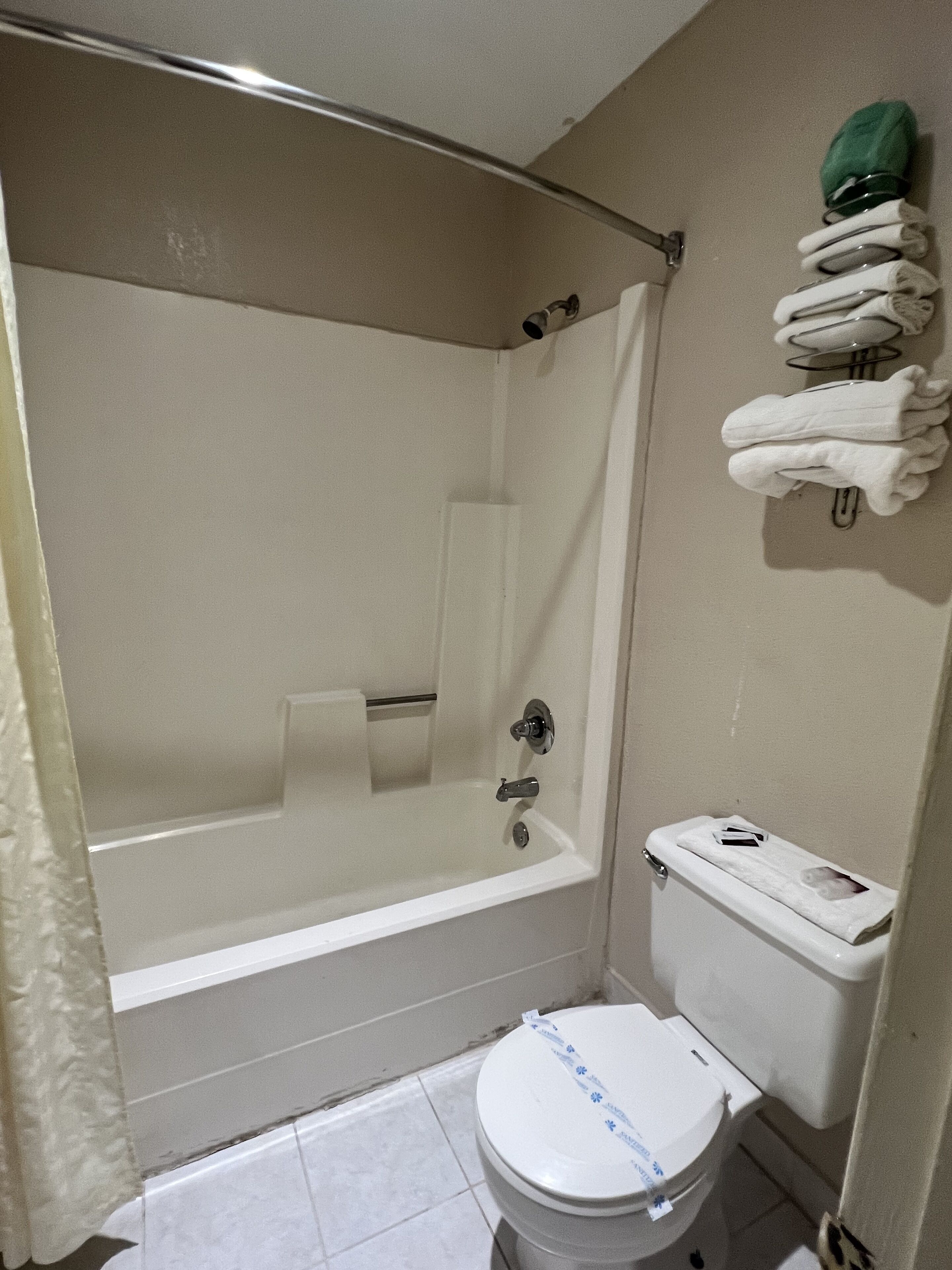 Een badkamer met een bad, toilet en handdoekhouder.