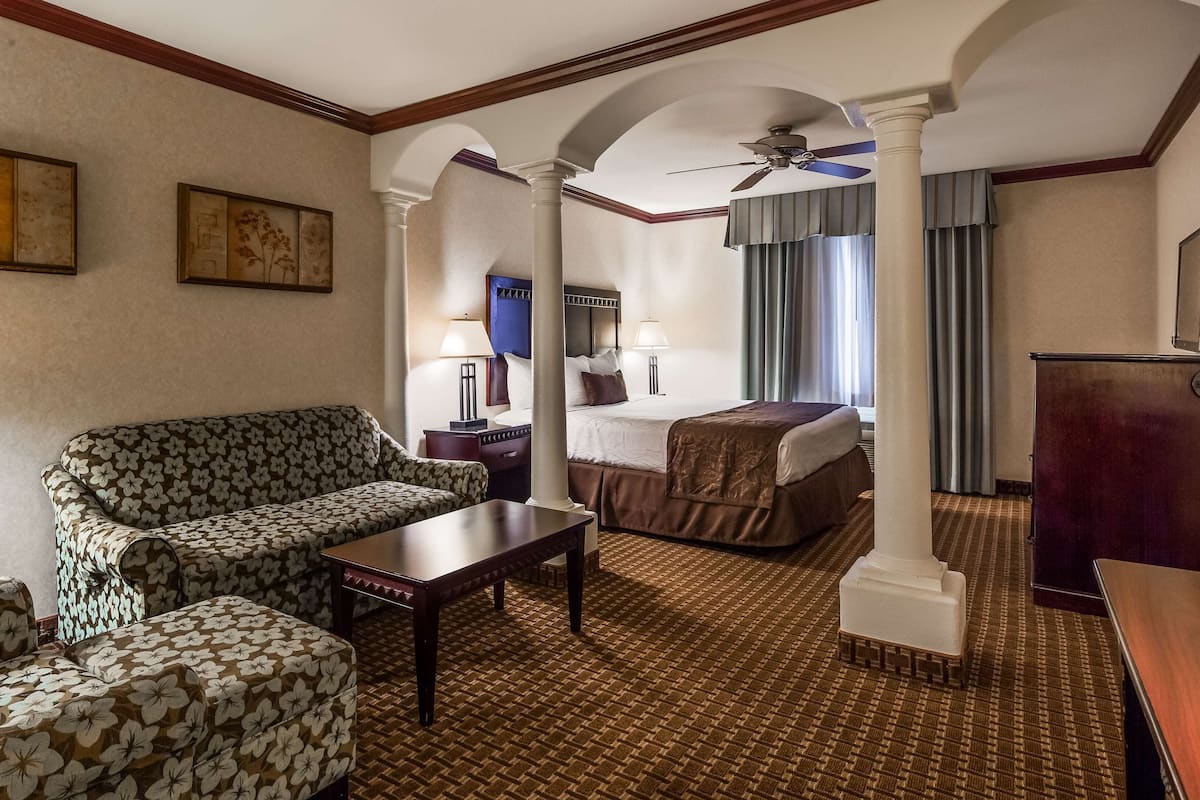 A hotel room with a sofa, a bed, a desk, a chair, and a ceiling fan.