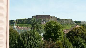 A historic fort with a statue in the foreground, surrounded by lush greenery and a clear sky.