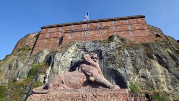 Una gran estatua de león de piedra frente a un edificio histórico con una bandera en la cima.