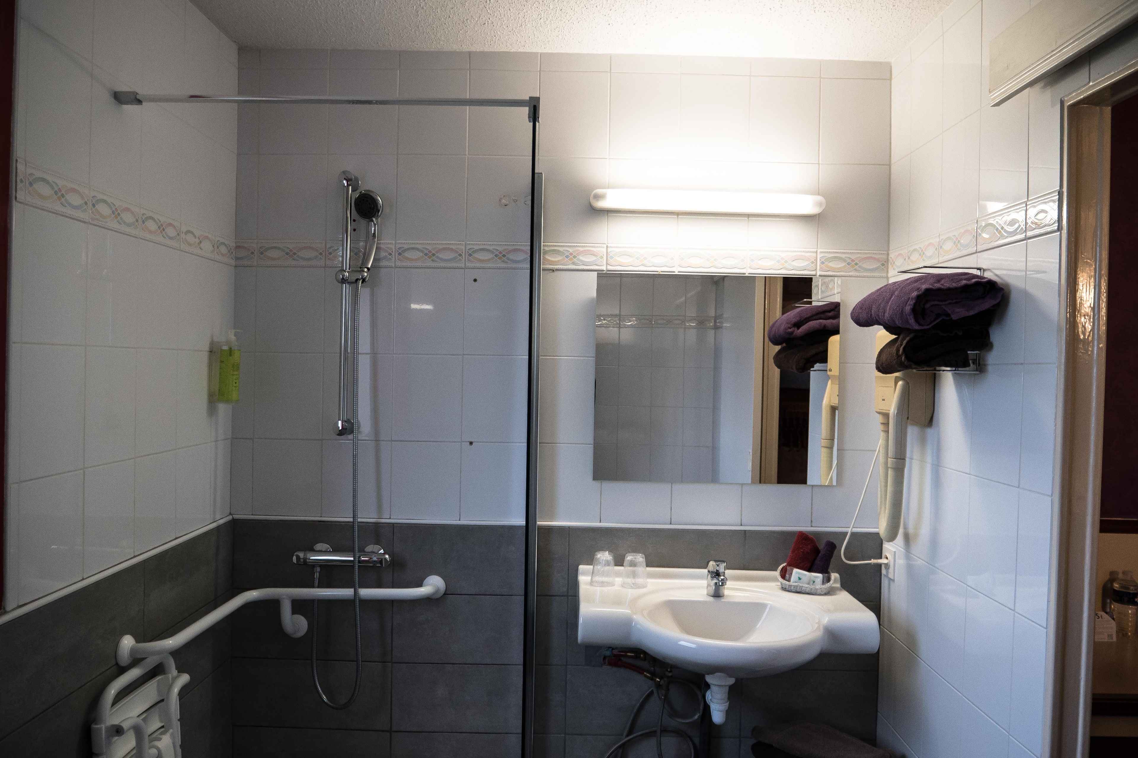 combined shower/bathtub, free toiletries, towels