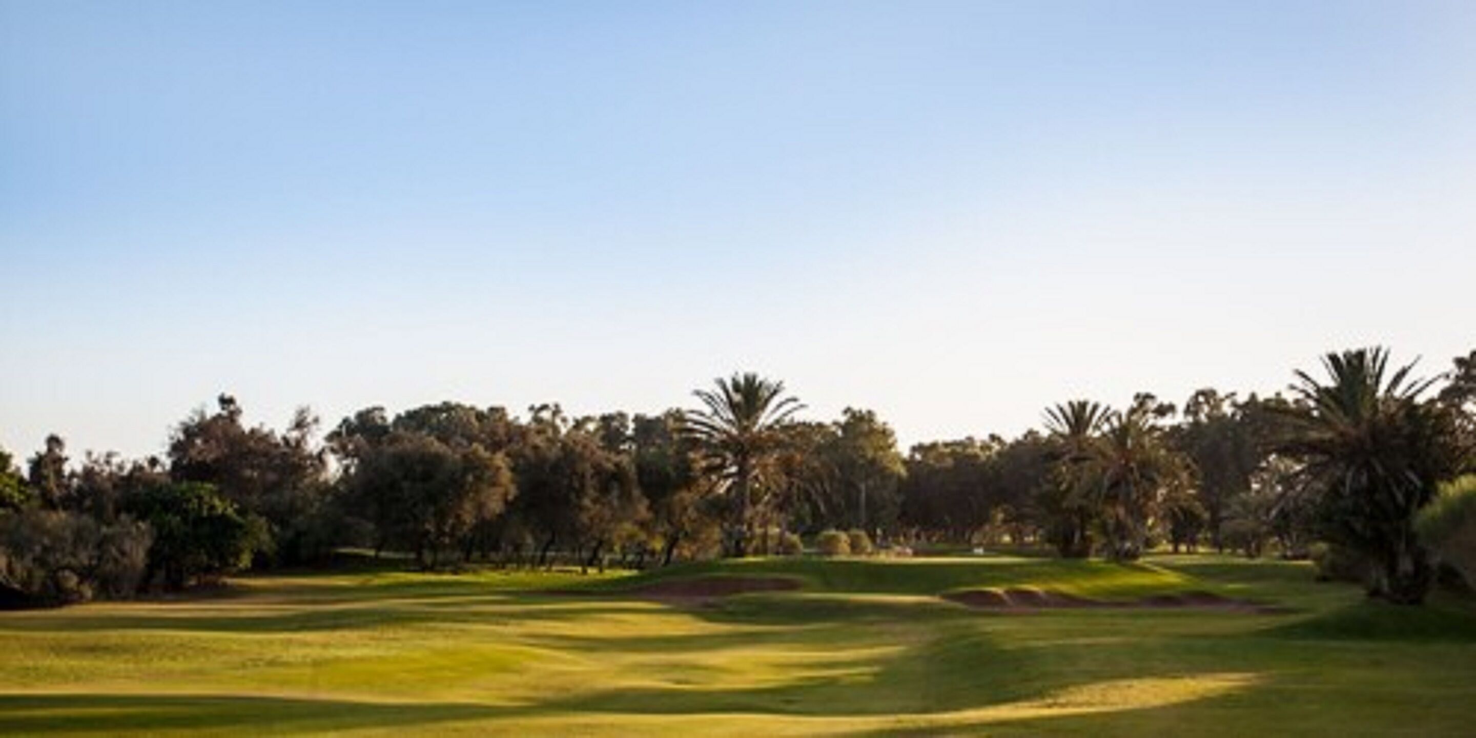 A golf course with well-maintained grass, sand bunkers, and a variety of trees in the background.