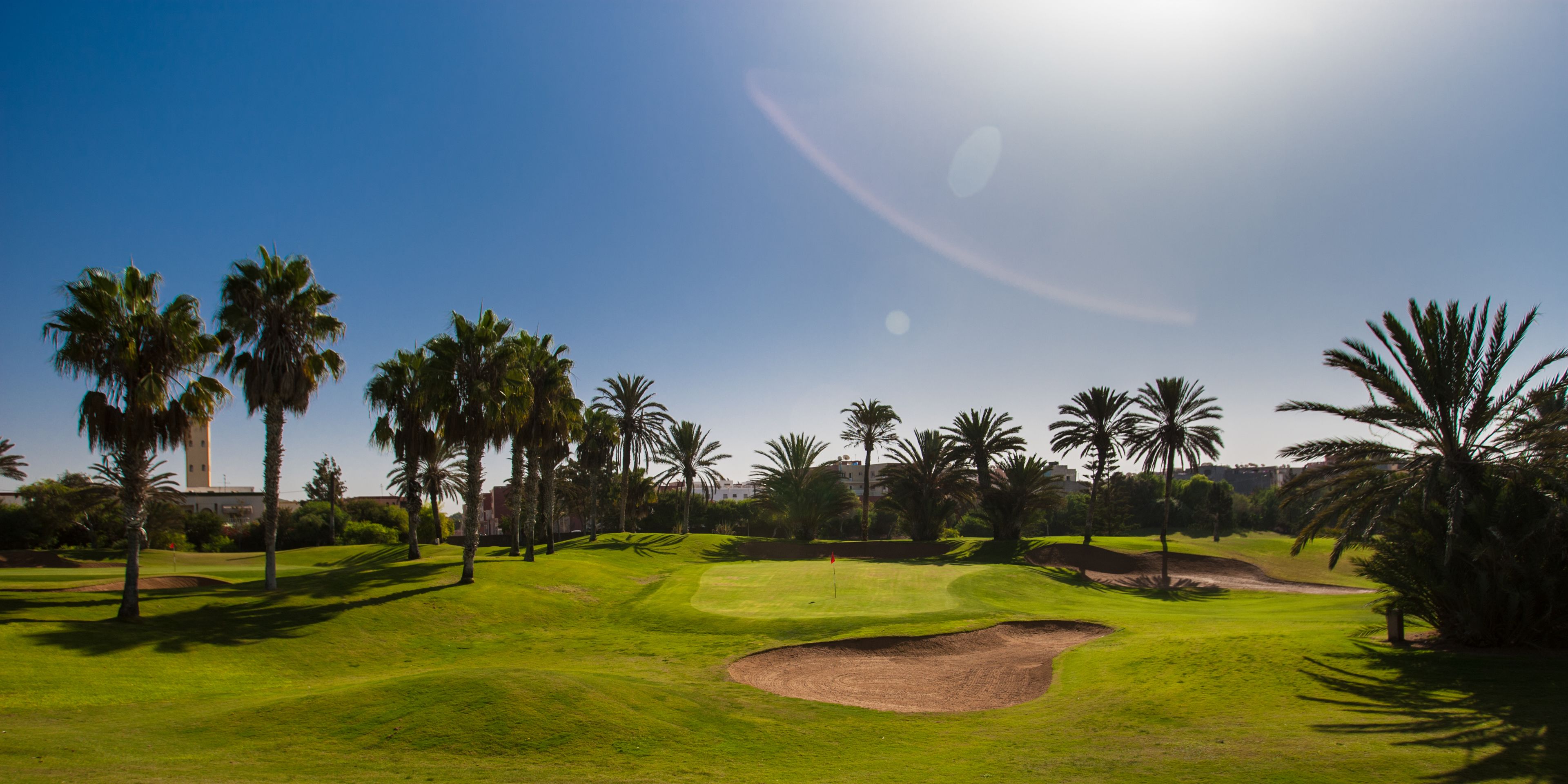 A golf course with palm trees, a clear sky, and a building in the background.