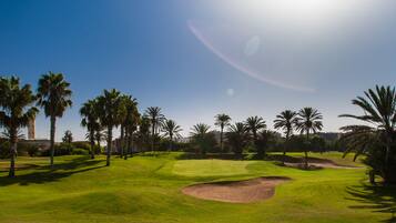 A golf course with palm trees, a clear sky, and a building in the background.