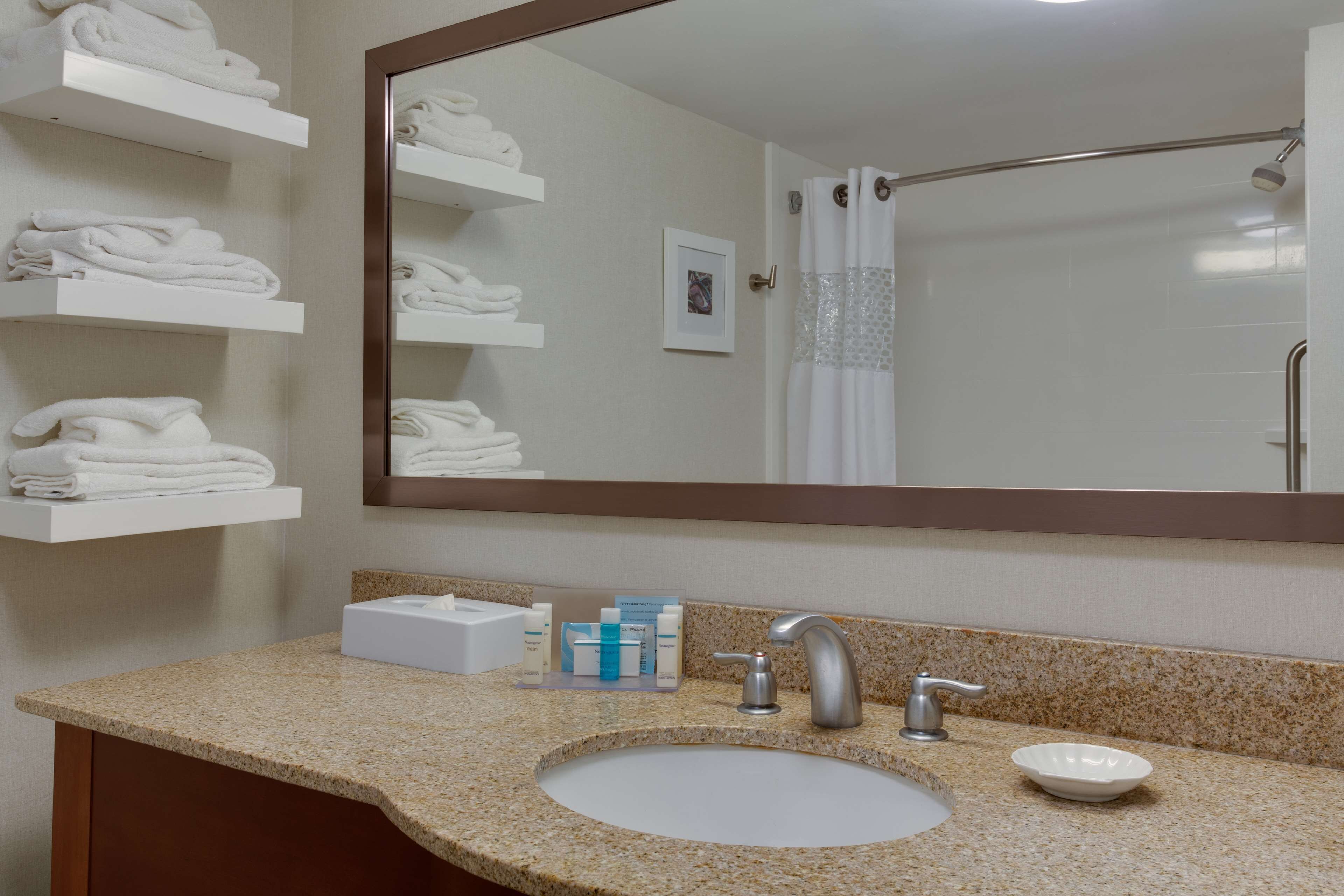 combined shower/bathtub, free toiletries, hair dryer, towels