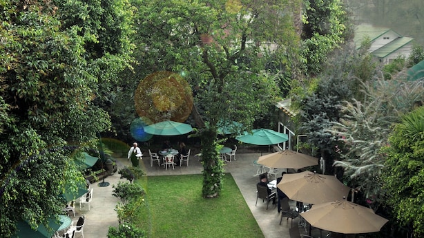 Un exuberante jardín con mobiliario exterior y vistas al atardecer.