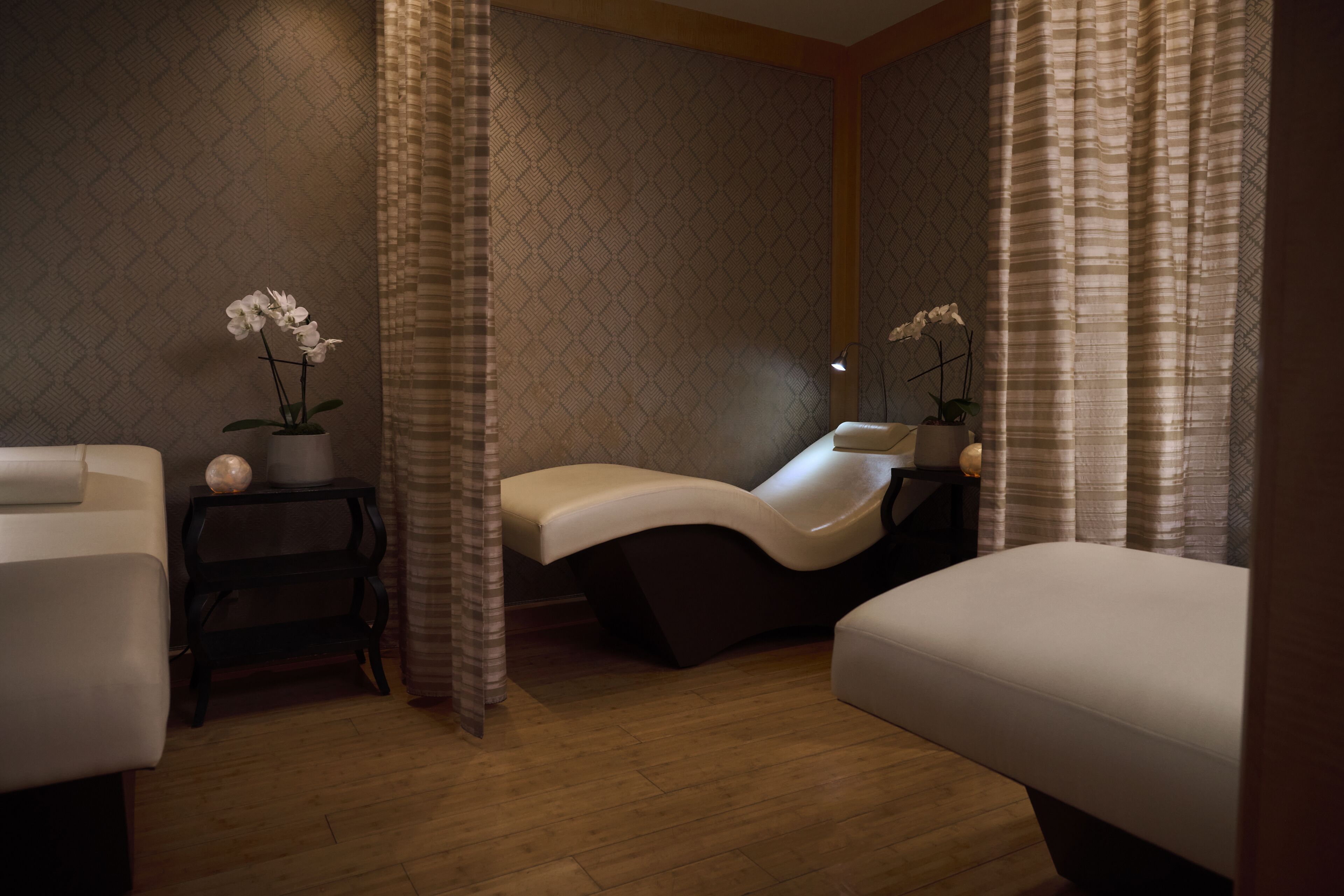A spa room with a massage table, a small table with a plant, and a bed.