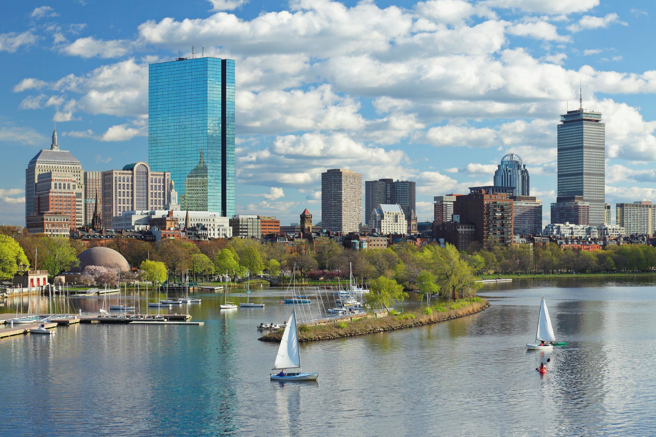 A city skyline with modern buildings, a river with sailboats, and a park with trees.