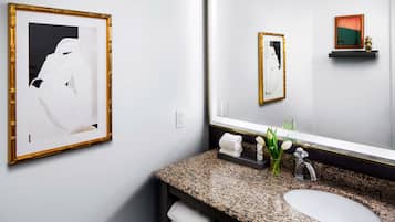 A modern bathroom with a granite countertop, a white sink, and a large mirror. There is a framed artwork on the wall and a small shelf with a decorative item.