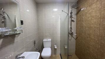 A modern bathroom with a glass-enclosed shower, a white toilet, and a bathtub.