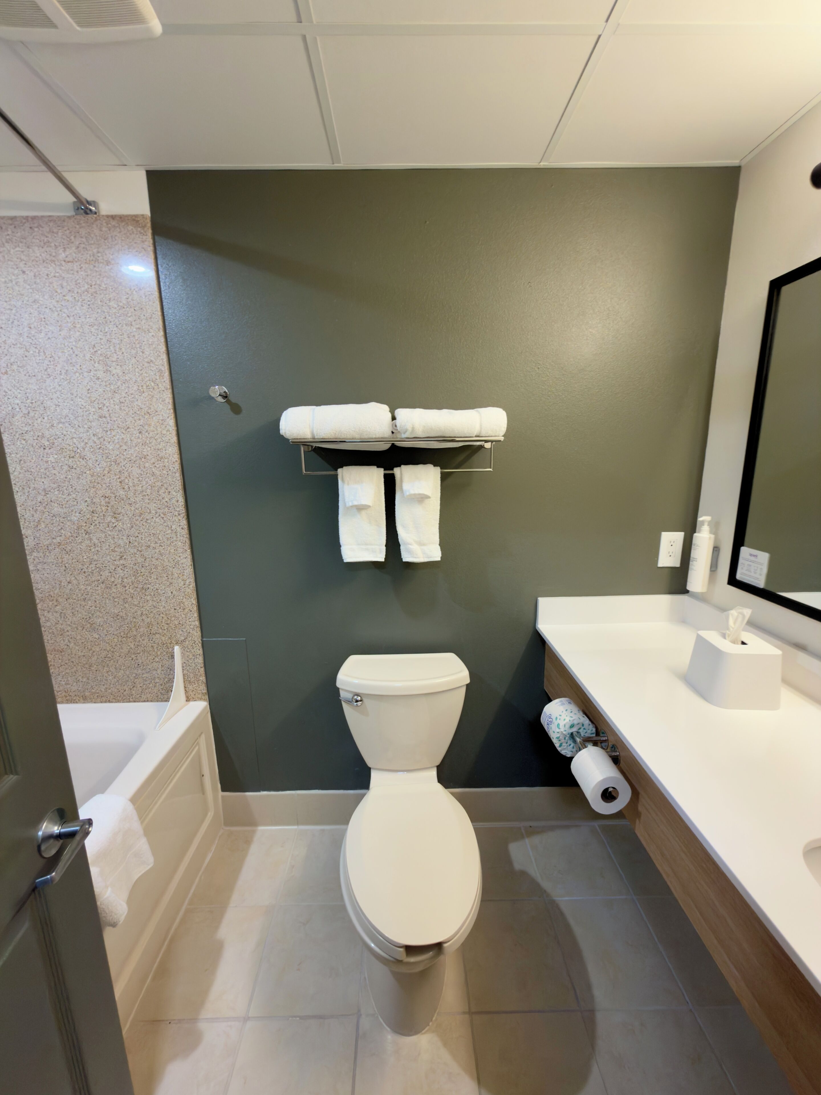 A bathroom with a toilet, a towel rack with towels, a toilet paper holder, and a mirror.