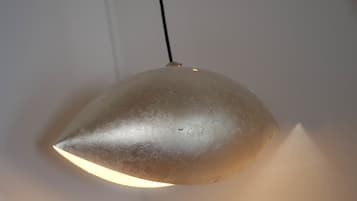A metallic, dome-shaped pendant light fixture with a single bulb, hanging from a black cord.