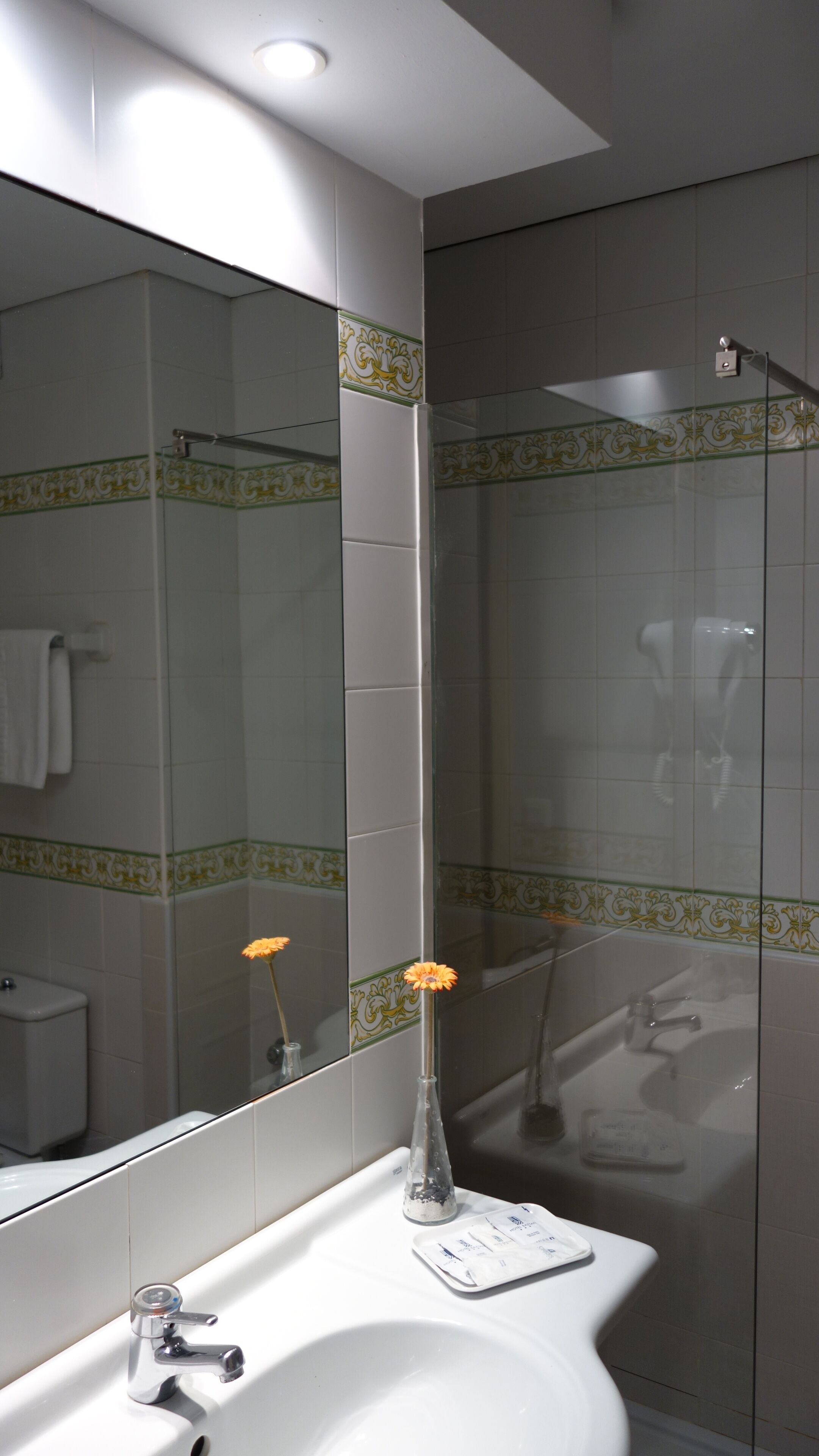 Een badkamer met een wit wastafel, een spiegel, een douche en een vaas met een bloem.