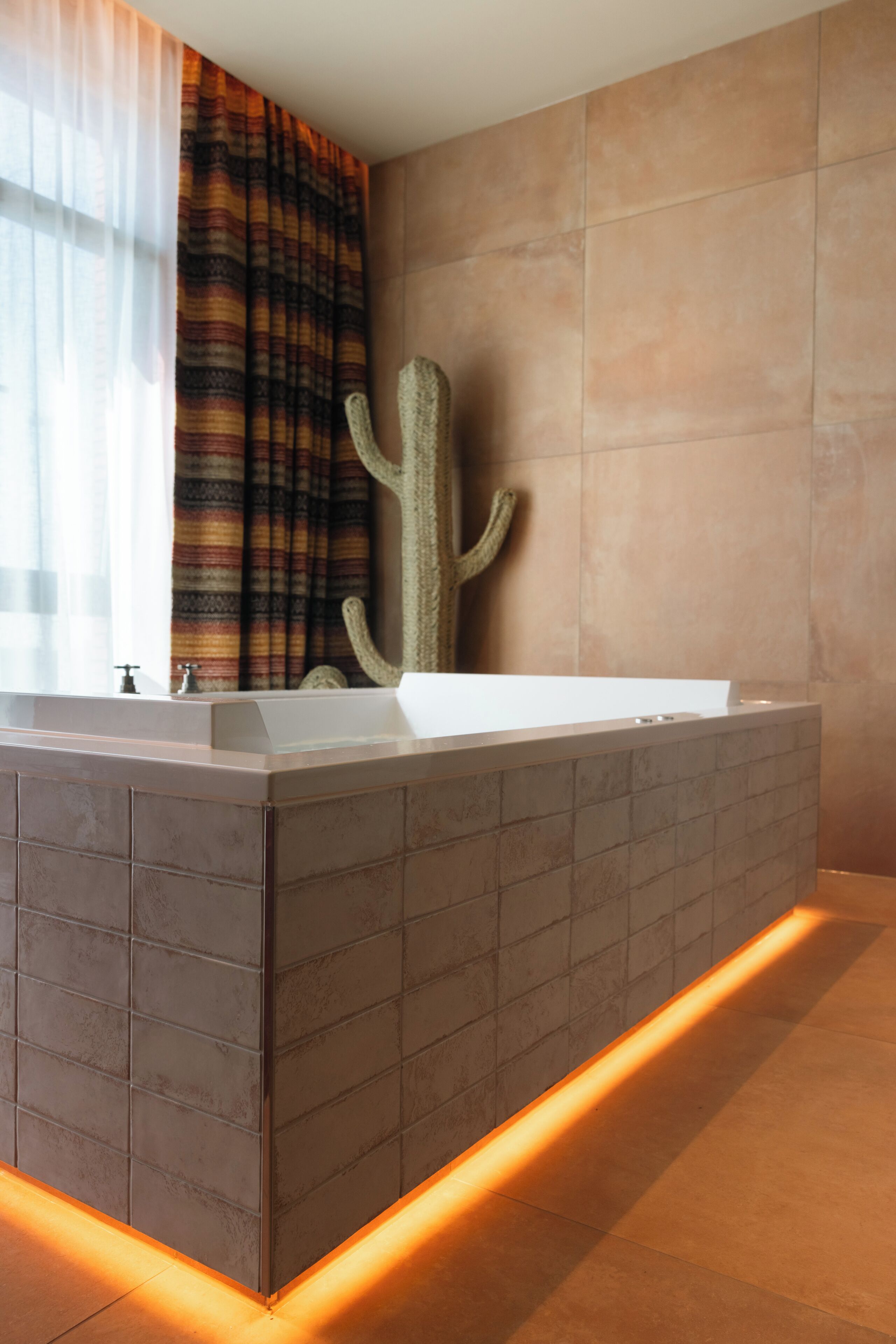 A modern bathroom with a large sink, a cactus decoration, and a patterned curtain.