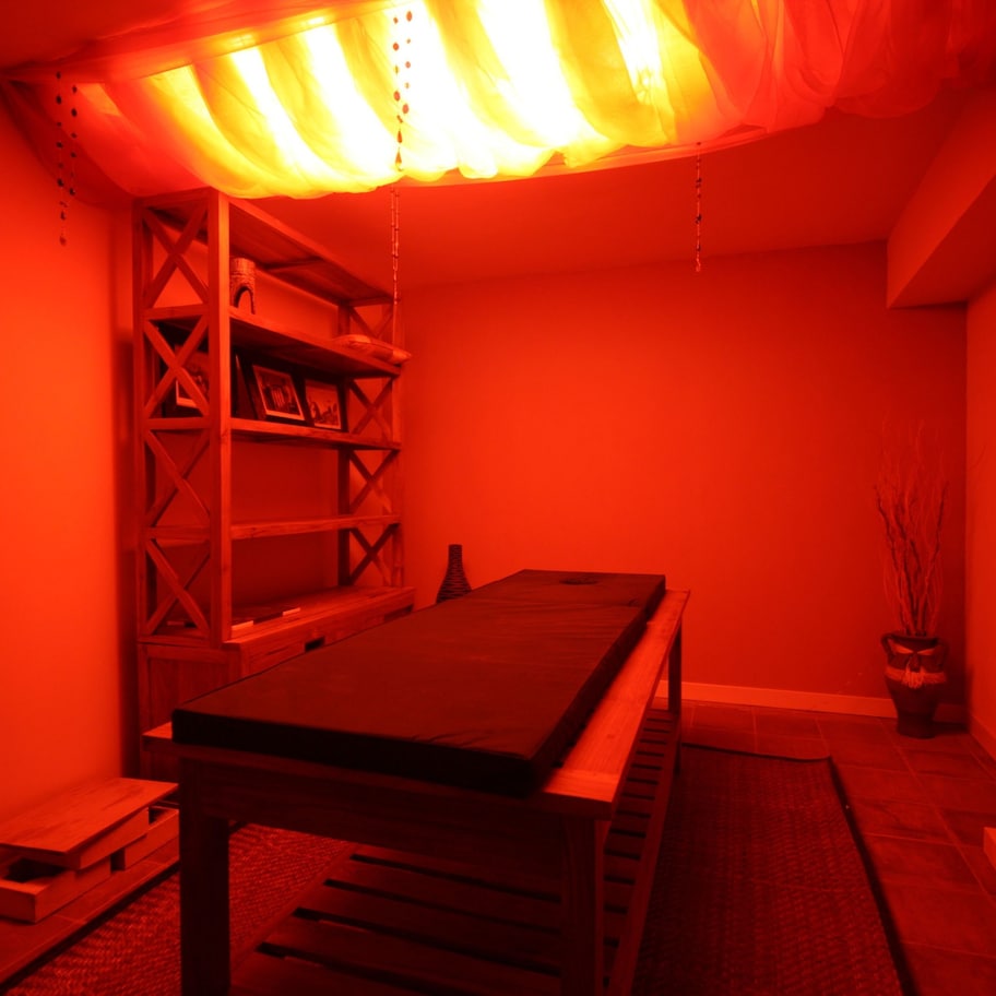 A room with a wooden bed, a shelf unit, and a potted plant.