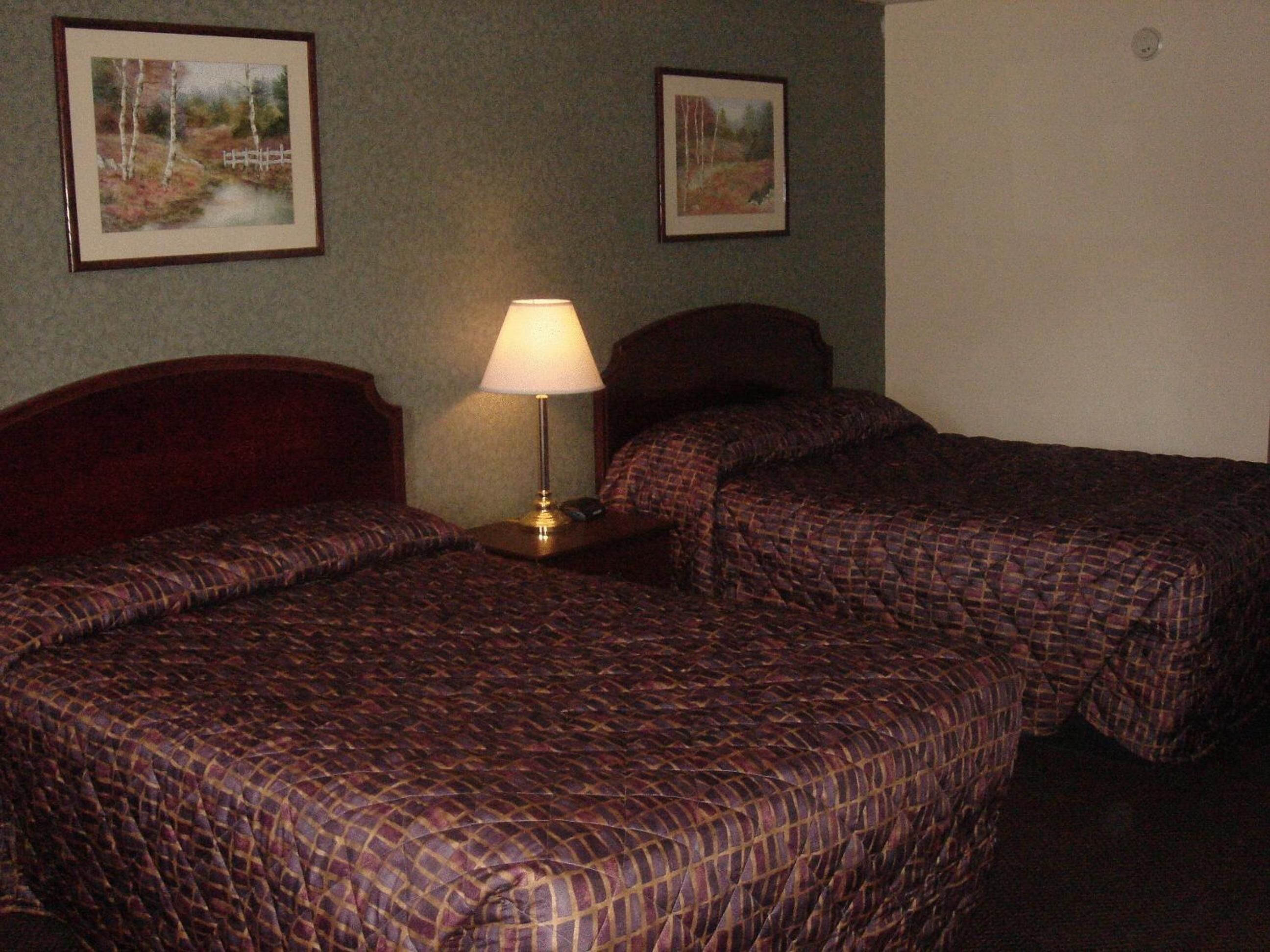 Una habitación de hotel con dos camas, una mesita de noche con lámpara y dos cuadros enmarcados en la pared.